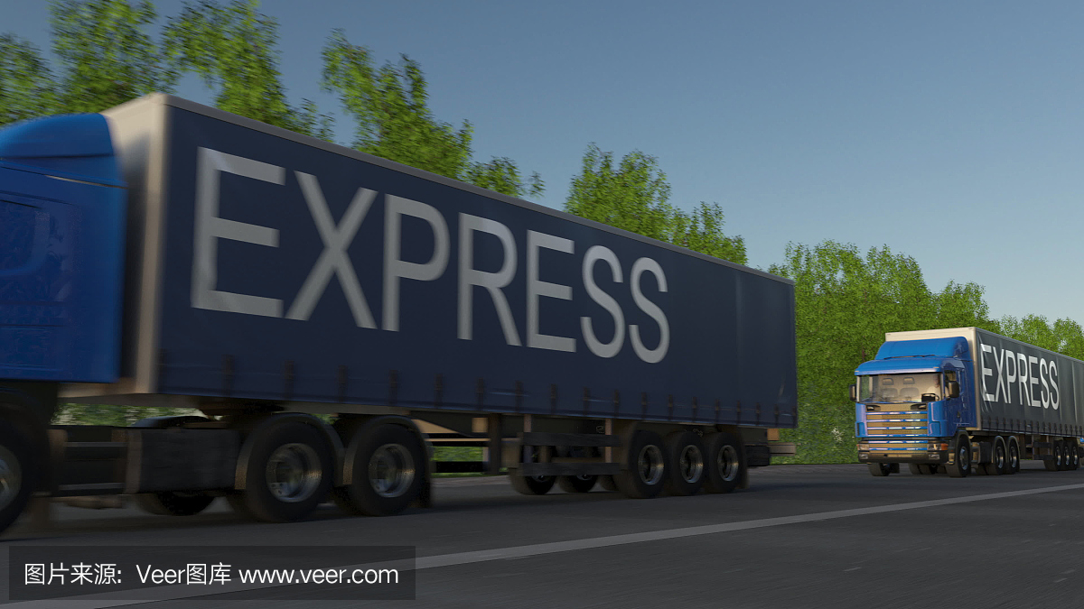 在拖车上标有“特快”说明的货运半挂车超速行驶。道路货物运输。三维渲染